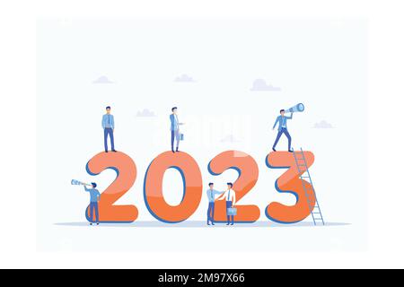 Felice anno nuovo 2023. 2023 concetto di obiettivi aziendali, team aziendale alla ricerca di nuove opportunità. Leadership. Visione. Realizzazione, vettore piatto moderno illustre Illustrazione Vettoriale