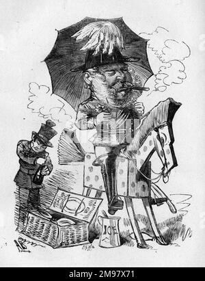 Cartone animato del Principe Giorgio, 2nd Duca di Cambridge (1819-1904), capo militare dell'Esercito britannico, visto qui su un cavallo di legno con un soldato pronto per un pic-nic. Foto Stock