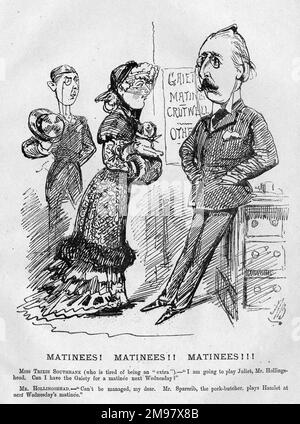 Cartone animato, Matinees! Matinees!! Matinees!!! Trixie Southbank, stanco di essere un 'extra' e vuole giocare a Giulietta, chiede a John Hollingshead (1827-1904), manager del Gaiety Theatre, una slot matinee. Hollingshead risponde che non può essere fatto, perché il signor Sparerib, il macellaio, sta giocando Hamlet quel giorno. Un commento sulla crescente tendenza dei dilettanti che si esibiscono in teatri professionali. Foto Stock