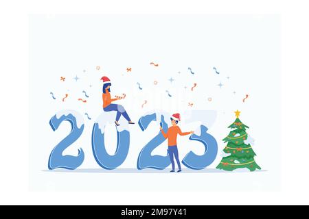 I lavoratori festeggiano il Natale e il nuovo anno. Le piccole persone si stanno preparando per il nuovo anno, impegnate nella decorazione. Iscrizione Capodanno 2023, vettore piatto m Illustrazione Vettoriale