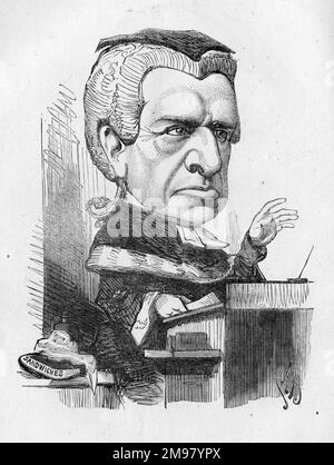 Caricatura di Henry Hawkins, 1st Barone Brampton (1817-1907), giudice inglese presso l'alta Corte di giustizia tra il 1876 e il 1898, e guadagnò la reputazione di giudice pendente. Foto Stock