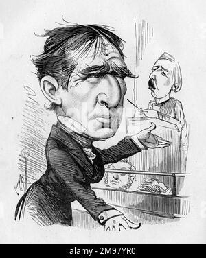 Cartone animato, Colonnello Sellers. Un commento negativo su un gioco basato su un romanzo di Mark Twain e Charles Dudley Warner, The Gilded Age, satirizing corruzione e avidità in post-Guerra civile America. In questa immaginaria scena del tribunale, l'uomo in banchina assomiglia all'attore americano John T Raymond (1836-1887), che ha suonato nel ruolo di titolo. Il 'giudice' sullo sfondo è John Hollingshead (1827-1904), attualmente direttore del Teatro Gaiety. Come giudice, non sembra pensare molto al gioco. Foto Stock