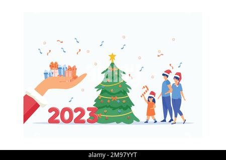 La mano di Babbo Natale dà i regali. numeri di 2023 anni su un tradizionale albero di natale. Famiglia felice, festa di natale. Anno nuovo, vacanze invernali, orizzontale b Illustrazione Vettoriale