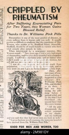 Pubblicità, Dr Williams pillole rosa per le persone pallido. Paralizzato dai reumatismi. Dopo aver sofferto un dolore esasperante per due anni, questa donna ottiene un benedetto sollievo. Le pillole di medicina brevettata contenevano ossido di ferro e solfato di magnesio. Foto Stock
