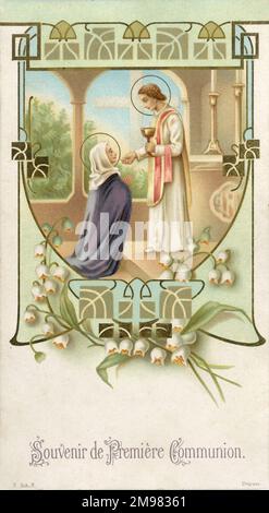 Carta devozionale Chromolithograph - souvenir della prima comunione di Antoinette Lehoucke alla Chiesa Parrocchiale di San Giovanni Battista a Dunkerque, Francia il 28th aprile 1910. Foto Stock