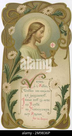 Carta devozionale Chromolithograph - Ritratto di Gesù e comunione calice/coppa - bellissimo confine art nouveau. Carta ricordo per la prima comunione di Robert Thoores alla Chiesa di Sant'Eloi (Eligio, anche Eloy o Loye), Dunkerque, Francia il 17th maggio 1906. Foto Stock