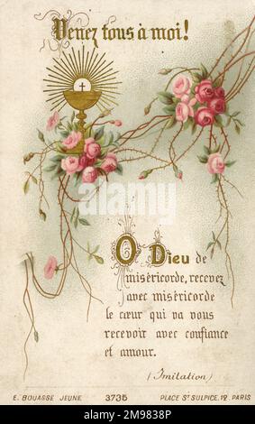 Carta devozionale Chromolithograph - scheda ricordo per la prima comunione di Albertine Lahaye alla Chiesa di San Giovanni Battista a Dunkerque, Francia, il 18th maggio 1911. Foto Stock