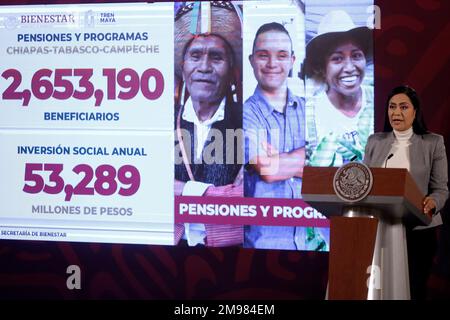 16 gennaio 2023, Città del Messico, Messico: Ariadna Montiel, Segretario del Welfare alla conferenza stampa al Palazzo Nazionale di Città del Messico. Il 16 gennaio 2023 a Città del Messico, Messico (Foto di Luis Barron / Eyepix Group). Foto Stock