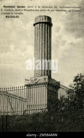 Il Monumento a Gordon fu collocato sul sito della Battaglia di Waterloo in onore del tenente colonnello della Guardia scozzese Alexander Gordon, che fu aiutante di Wellington e morì nella battaglia il 18th giugno 1815, all'età di 29 anni. Foto Stock