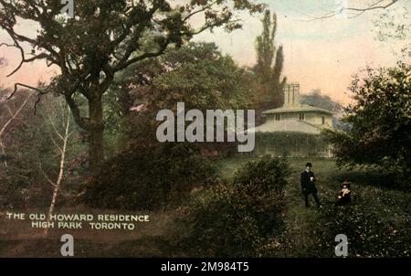 Old Howard Residence High Park Toronto - cartolina di souvenir canadese. Un uomo e un bambino si siedono nei giardini. Colore tinted, alberi e casa. Foto Stock