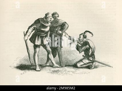 Henry V - Fluellen costringe Pistol a mangiare un porro crudo, guardato da Gower. Foto Stock