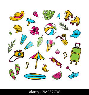 Set estivo di simboli. Collezione di clipart disegnata a mano Illustrazione Vettoriale