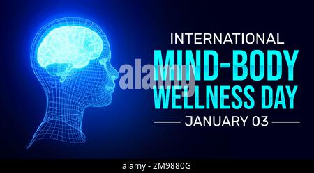 Mondo mente-corpo benessere giorno di sfondo design con cervello luminoso all'interno della testa a reticolo. Meditazione e relax idea design Foto Stock