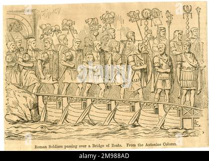Soldati romani che attraversano un ponte di barche, probabilmente sul Danubio, nella guerra di Traiano contro i Daci (attuale Romania). Foto Stock