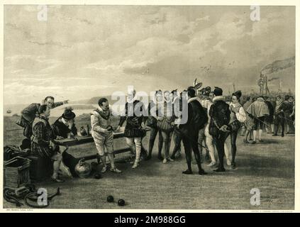 Sir Francis Drake, l'Armada spagnola è in vista (19 luglio 1588) -- nonostante, secondo la leggenda, egli rimase e finì il suo gioco di bocce su Plymouth Hoe, Devon. Foto Stock