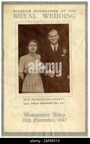 Royal Wedding Souvenirs Program, Princess Elizabeth e il tenente Philip Mountbatten, Westminster Abbey, 20 novembre 1947. Foto Stock