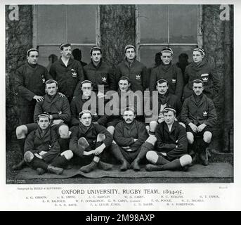 Oxford University Rugby Team, 1894-95: Gibson, Smith, Hartley, Carey, Mullins, Unwin, Balfour, Donaldson, Carey (Capitano), Poole, Thomas, Baiss, Leslie Jones, Baker, Robertson. Foto Stock