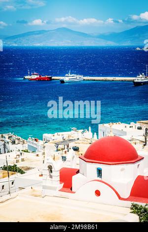 Splendida vista sul sole dell'isola di Mykonos Foto Stock