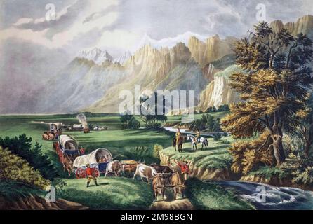 Emigranti che attraversano le pianure con le Montagne Rocciose sullo sfondo. Dopo una stampa di F.F. Palmer pubblicato da Currier e Ives nel 1860. Foto Stock