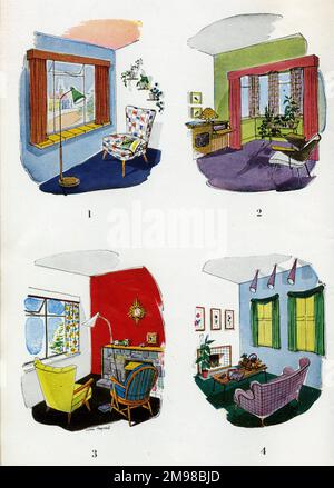 Illustrazione nel libro della tenda, che mostra quattro diverse stanze di una casa. Foto Stock