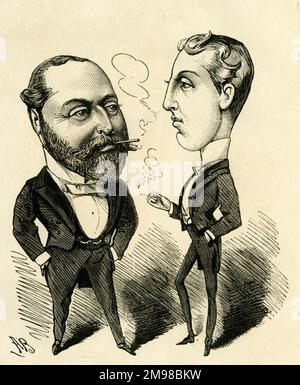 Cartone animato del futuro re Edoardo VII (1840-1910), raffigurato con il figlio maggiore Albert Victor, Duca di Clarence e Avondale (1864-1892), altrimenti conosciuto come Eddie, in conversazione a Marlborough House, Londra. Quest'ultimo dice: Credo, Signore, che ora mi sia permesso di visitare il Teatro senza la scorta di un genitore. Foto Stock