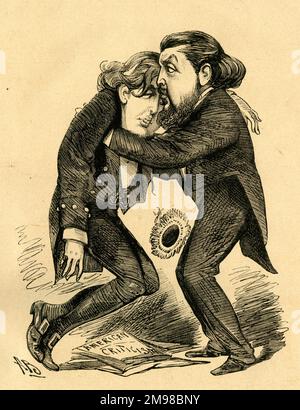 Cartoon, Oscar Wilde (1854-1900), poeta e drammaturgo, confortato dal fratello William Wilde (1852-1899) di fronte alla critica americana del suo gioco, vera, che durò solo una settimana a New York prima di essere ritirato. William dice a Oscar: 'Non importa, Oscar; altri grandi uomini hanno avuto i loro drammatici fallimenti!' Foto Stock