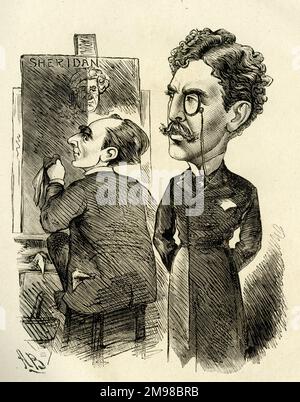 Cartoon, Sir Arthur Wing Pinero (1855-1934), attore, drammaturgo e sceneggiatore inglese, e Sir Squire Bancroft (1841-1926), attore-direttore inglese. Vecchi maestri puliti o restaurati in breve tempo. Un commento sul far rivivere vecchi giochi. Foto Stock