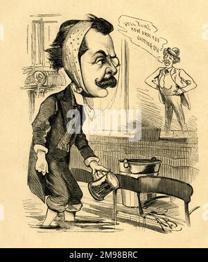Cartone animato -- stanno ottenendo l'acqua dal criterio con tutta la velocità. Henry James Byron (1835-1884) è mostrato in cima al Criterion Theatre, Piccadilly, Londra, dopo un po' di alluvione. Sul palco è l'attore e direttore teatrale Charles Wyndham (1837-1919). Foto Stock
