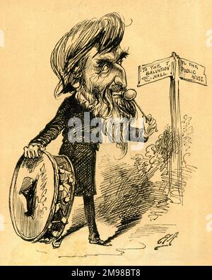 Cartoon, William Booth (1829-1912), fondatore dell'Esercito di salvezza -- il Generale Booth difficilmente sa se rendere l'Aquila un negozio teetotal o una casa pubblica. Un riferimento alla Taverna dell'Aquila, che era stata trasformata nei locali dell'Esercito della salvezza. Foto Stock