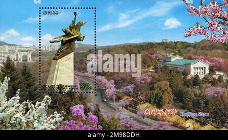 2011 timbro della Corea del Nord. Statua di cavallo alato, Chollima a Pyongyang Foto Stock