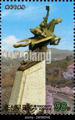 2011 timbro della Corea del Nord. Statua di cavallo alato, Chollima a Pyongyang Foto Stock