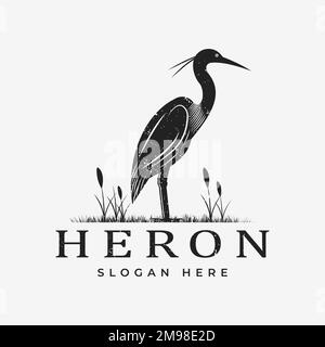 Logo design con silhouette Heron Bird Stork, modello di design Illustrazione Vettoriale