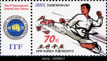 2011 timbro della Corea del Nord. 4th Giochi internazionali di Arti Marziali - Tallinn, Estonia. Taekwon-do Foto Stock