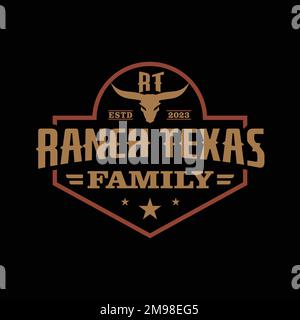 Famiglia vintage retro Ranch Texas Longhorn, Western state Bull Cow. Stemma lettera R,T Vintage Label con logo, Vector Illustrazione Vettoriale