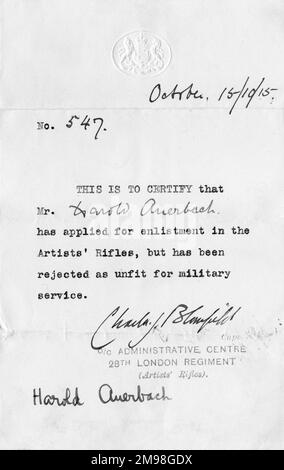 Lettera di conferma che dichiara Harold Auerbach (1897-1975) inidoneo al servizio militare, 15 ottobre 1915. Aveva chiesto l'arruolamento nei Fucili degli Artisti. Foto Stock