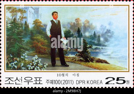 2011 Set di timbri per la Corea del Nord. Dipinti, il 100th° anniversario (2012) della nascita di Kim il Sung. Mattina di ottobre Foto Stock