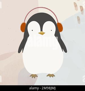 Simpatico pinguino che ascolta musica su sfondo beige vettore Illustrazione Vettoriale