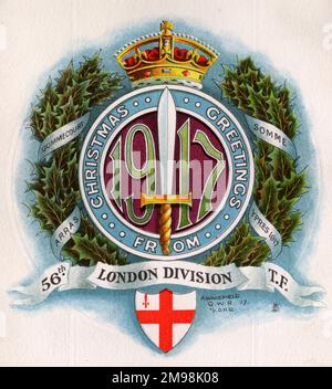 Christmas card, 56th London Division Territorial Force, con i principali nomi di Western Front Place come parte del progetto: Gommecourt, Somme, Arras, Ypres. Foto Stock