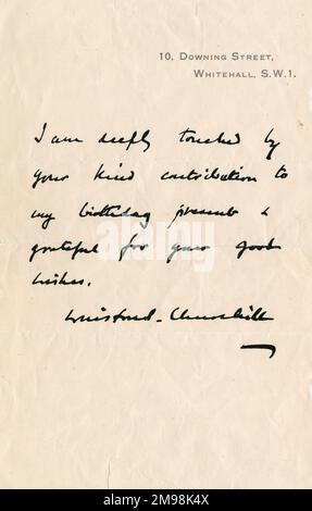 La lettera di ringraziamento da Winston Churchill, primo ministro britannico, ha diretto 10 Downing Street, Whitehall, SW1 -- molti di questi sono stati riprodotti per assomiglia ad una lettera manoscritta originale. Foto Stock