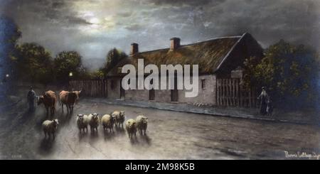 Cottage di Robert Burns, Alloway, South Ayrshire, Scozia, con pecore e bestiame che passano. Foto Stock