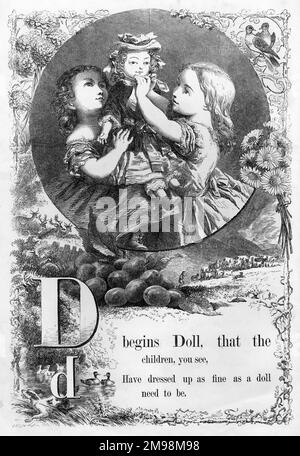 L'alfabeto dell'immagine della madre -- D, che mostra due ragazze con una bambola. Foto Stock
