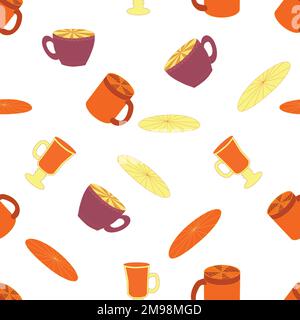 Tazze e piattini motivo lucido senza cuciture. Tè, tè, caffè. Carta da parati, carta da parati Illustrazione Vettoriale