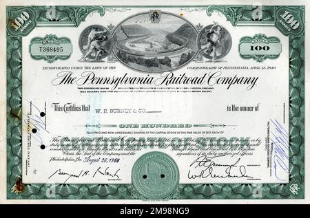 Certificato azionario - Pennsylvania Railroad Company, 100 azioni. Foto Stock