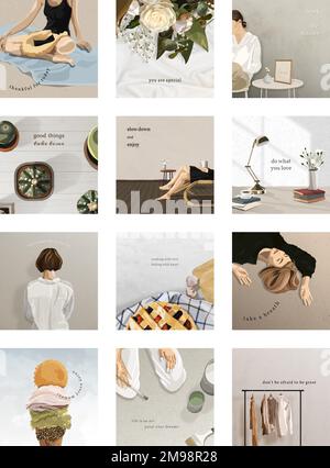 Set di vettori Instagram post-template femminili e minimi Illustrazione Vettoriale