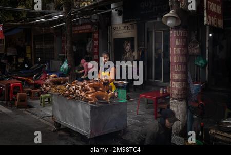 Una donna vende carne di cane da una stalla sul marciapiede ad Hanoi, Vietnam. La carne di cane è particolarmente consumata alla fine del mese lunare. Foto Stock