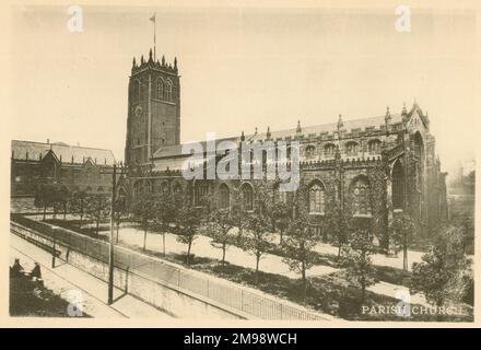 Chiesa parrocchiale, Halifax, Yorkshire, con neve a terra. Foto Stock