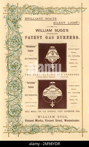Advert, il celebre Patent gas Burners di William Sugg, Vincent Works, Vincent Street, Westminster, Londra. Foto Stock