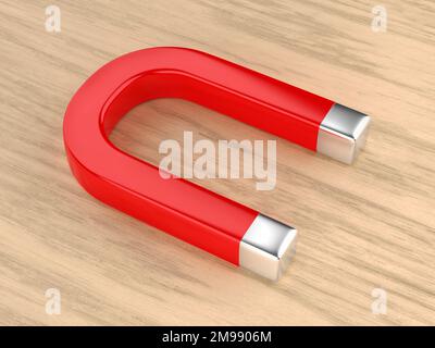 Magnete a ferro di cavallo rosso su sfondo in legno Foto Stock