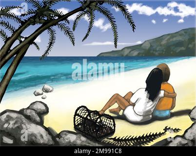 Illustrazione d'arte di coppia della spiaggia dell'isola tropicale, abbracciante. Molti sono capelli giusti, la donna è capelli scuri, corteccia skinned, romanticismo, viaggio, amore Foto Stock