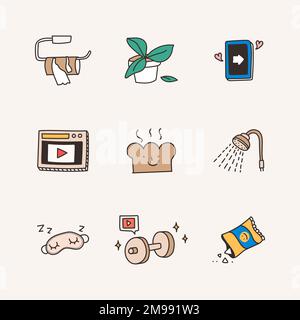 Simpatico vettore insieme di icone di distancing sociale e quarantena Illustrazione Vettoriale